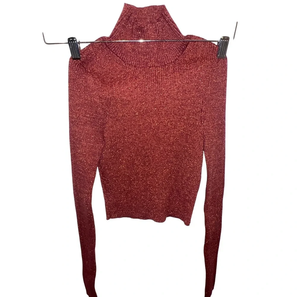 Zara‎ Cropped Turtleneck Long Sleeve Top Size Small Orange Sparkle Stretchy EUC
